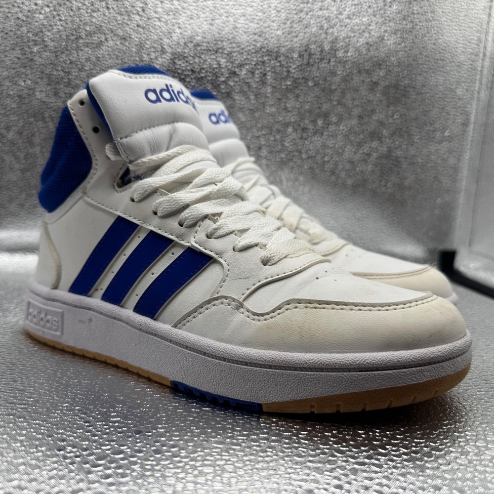 Size 4 Adidas Hoops 3.0 Mid Sneakers Kids White Blue Good IE0222 High Top